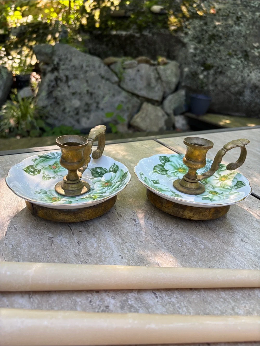 Porcelain Candle Holders with Green Floral Design and Brass Handles - Pair